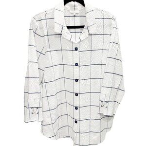Habitat Women's Large Top in White with Navy Grid Long Sleeve Textured Top